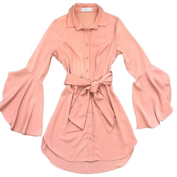 Kabana Tunic Mini Dress S Bell Sleeve Tie Waist Boho Chic Flattering Fit - Picture 1 of 13